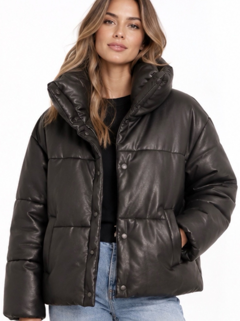 Dynamite Black Leather-Look Puffer Jacket
